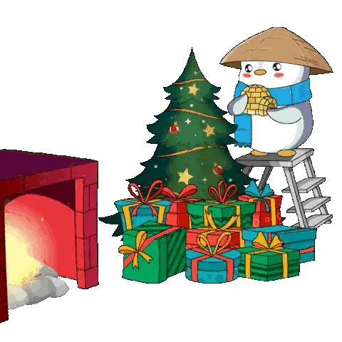 a penguin is standing on a ladder next to a pile of presents and a christmas tree