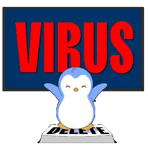 a penguin is standing on a piece of paper that says delete in front of a sign that says virus