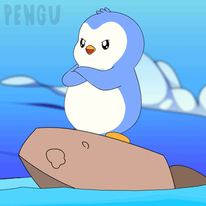 a penguin is standing on a rock in the water with the word pengu behind him
