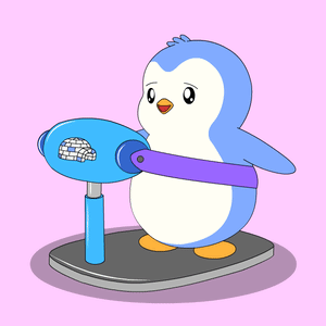 A Penguin Is Standing On A Scale With A Purple Band Around His Waist GIF