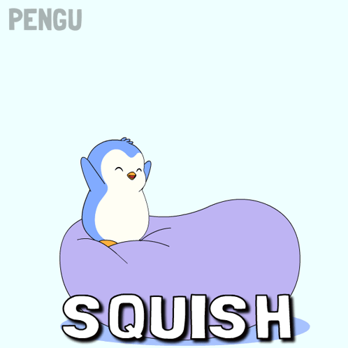 A Penguin Is Standing On Top Of A Purple Ball With The Word Squish Underneath It GIF