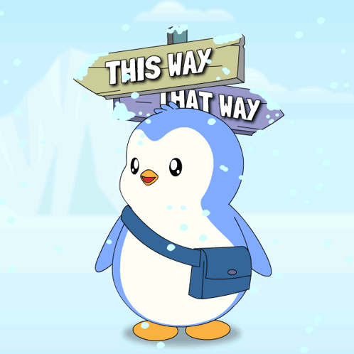 A Penguin Is Standing Under A Sign That Says This Way GIF