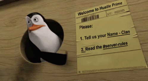 A Penguin Is Sticking Its Head Out Of A Hole Next To A Piece Of Paper That Says " Welcome To Hustle Prime " GIF