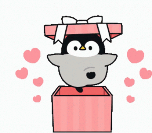 A Penguin Is Sticking Its Head Out Of A Pink Box With Hearts Around It GIF