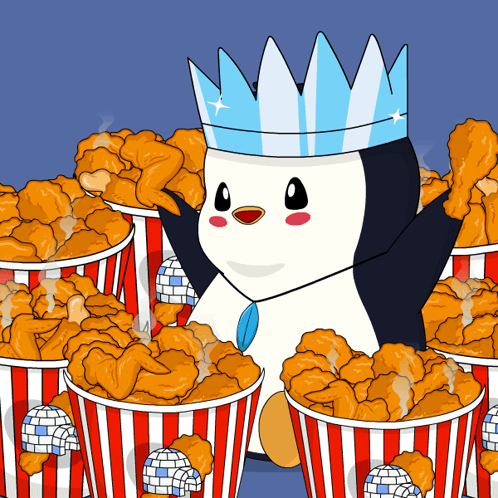 A Penguin Is Surrounded By Buckets Of Fried Chicken GIF