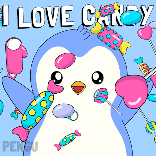 A Penguin Is Surrounded By Colorful Candy And The Words I Love Candy GIF