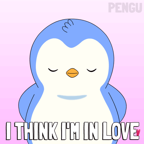 A Penguin Is Surrounded By Hearts And The Words I Think I 'M In Love GIF