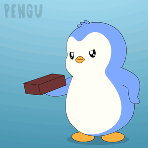 A Penguin Is Throwing A Brick In The Air And The Word Pengu Is On The Bottom Right GIF