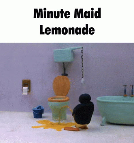 A Penguin Is Urinating In A Bathroom With The Words Minute Maid Lemonade GIF
