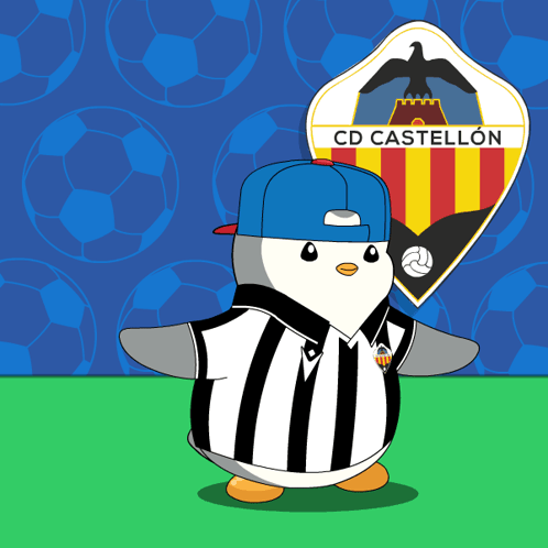 A Penguin Is Wearing A Black And White Striped Shirt And Standing In Front Of A Cd Castellon Logo GIF