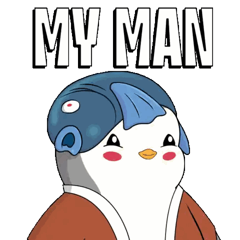a penguin is wearing a fish hat and giving a thumbs up with the words my man behind him