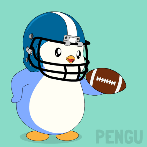 A Penguin Is Wearing A Football Helmet And Holding A Football Above Its Head GIF