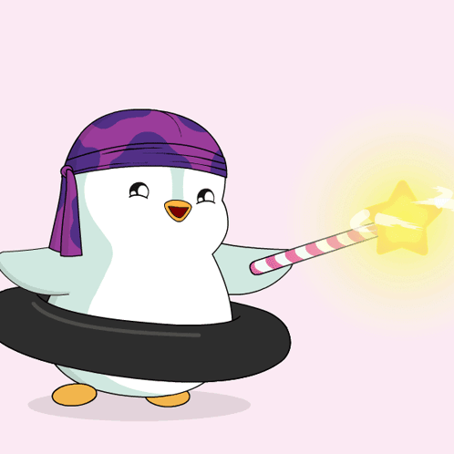 A Penguin Is Wearing A Purple Bandana And Holding A Candy Cane GIF