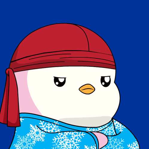 A Penguin Is Wearing A Red Headband And A Blue Jacket With Snowflakes On It GIF