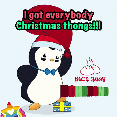 A Penguin Is Wearing A Santa Hat And Carrying A Bag That Says " I Got Everybody Christmas Thongs " GIF