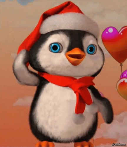 A Penguin Is Wearing A Santa Hat And Scarf GIF