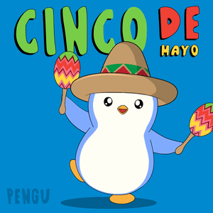 A Penguin Is Wearing A Sombrero And Holding Maracas On A Blue Background GIF