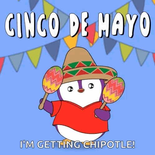 A Penguin Is Wearing A Sombrero And Holding Two Maracas GIF