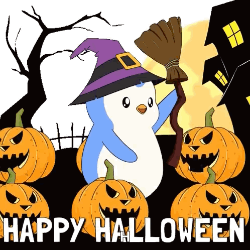 A Penguin Is Wearing A Witch Hat And Holding A Broom Surrounded By Pumpkins And The Words Happy Halloween GIF