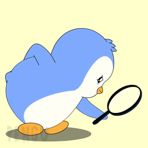 A Penguin Looking Through A Magnifying Glass With The Letter K On Its Head GIF