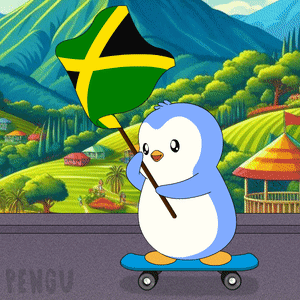 A Penguin On A Skateboard Holding A Jamaican Flag In Front Of A Landscape GIF