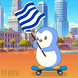 A Penguin On A Skateboard Holding A Striped Flag GIF