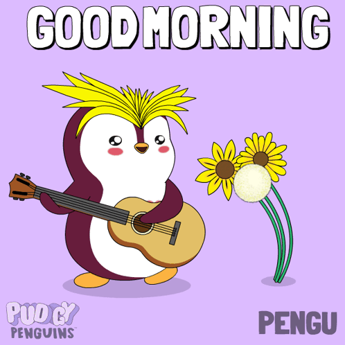 a penguin playing a guitar with the words good morning penguins below it