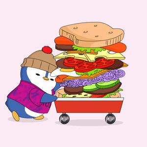A Penguin Pushing A Cart With A Sandwich On It GIF