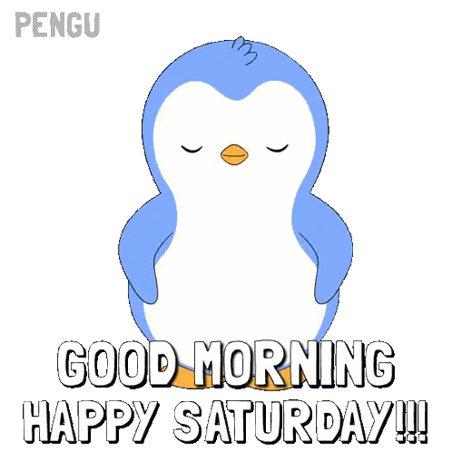 a penguin says " good morning happy saturday " with its eyes closed