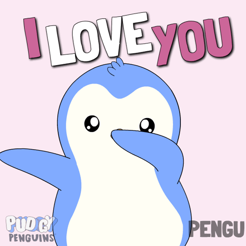A Penguin Says " I Love You " In Front Of Hearts GIF