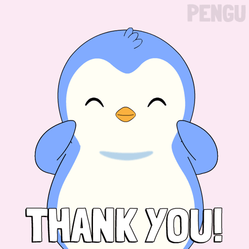 A Penguin Says Thank You In White Letters On A Pink Background GIF