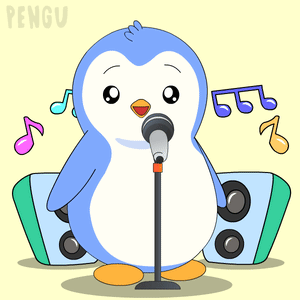 A Penguin Singing Into A Microphone With The Word Pengu On The Bottom Right GIF