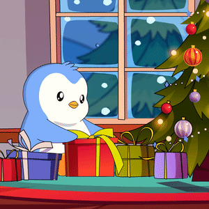 A Penguin Sits In Front Of A Christmas Tree With Presents GIF