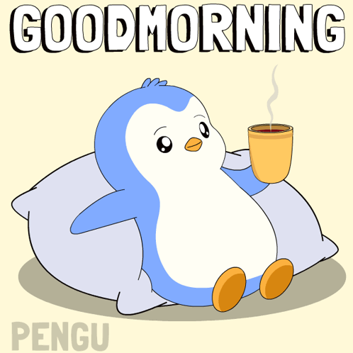 A Penguin Sitting On A Pillow Holding A Cup Of Coffee With The Words Good Morning Behind It GIF