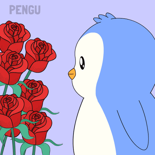 A Penguin Smelling A Bunch Of Red Roses With The Word Pengu On The Bottom Right GIF