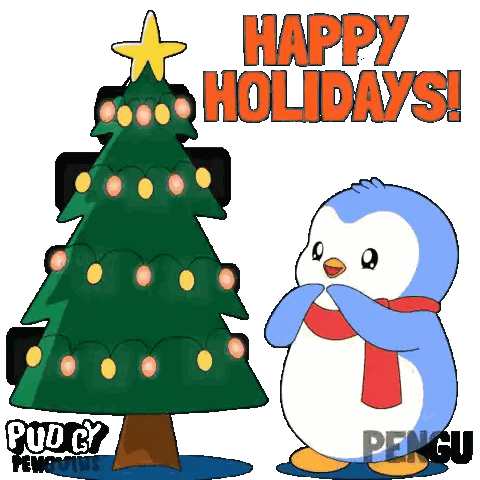 a penguin standing next to a christmas tree with the words happy holidays written above it