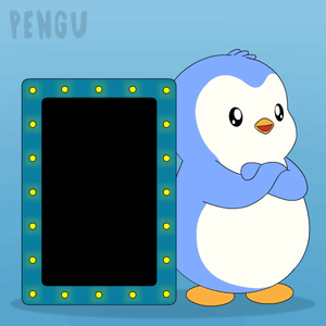 A Penguin Standing Next To A Sign That Says Pengu On It GIF