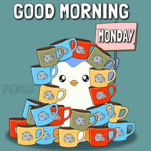 A Penguin Surrounded By Coffee Cups With A Sign That Says Monday GIF