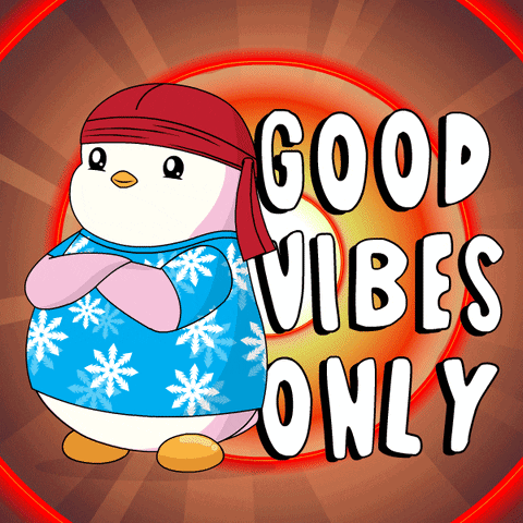 A Penguin Wearing A Bandana And A Blue Shirt Says Good Vibes Only GIF
