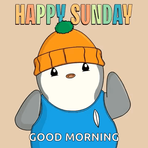 A Penguin Wearing A Beanie And A Blue Shirt Says Happy Sunday Good Morning GIF