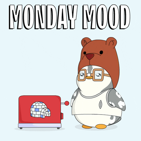 A Penguin Wearing A Bear Hat Is Standing Next To A Toaster With A Slice Of Bread In It GIF