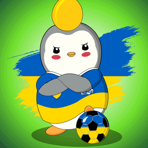 A Penguin Wearing A Blue And Yellow Shirt That Says ' Uae ' On It GIF