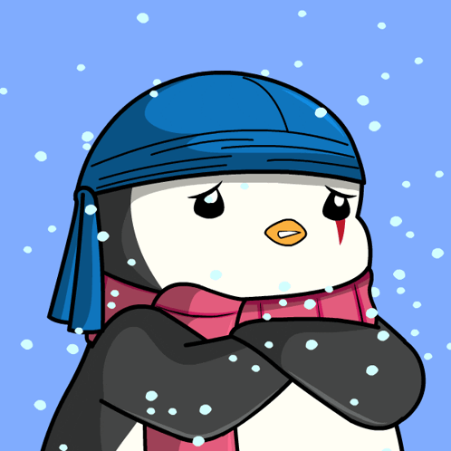 A Penguin Wearing A Blue Hat And A Scarf Is Standing In The Snow GIF