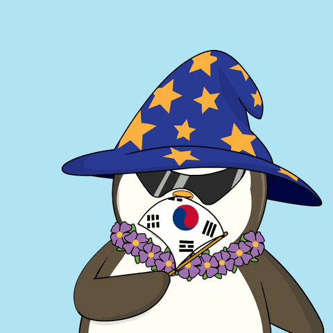 A Penguin Wearing A Blue Hat And Sunglasses Holds A Flag GIF