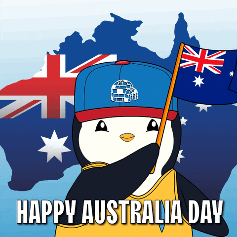 A Penguin Wearing A Blue Hat Holds A Flag In Front Of A Map Of Australia And The Words Happy Australia Day GIF