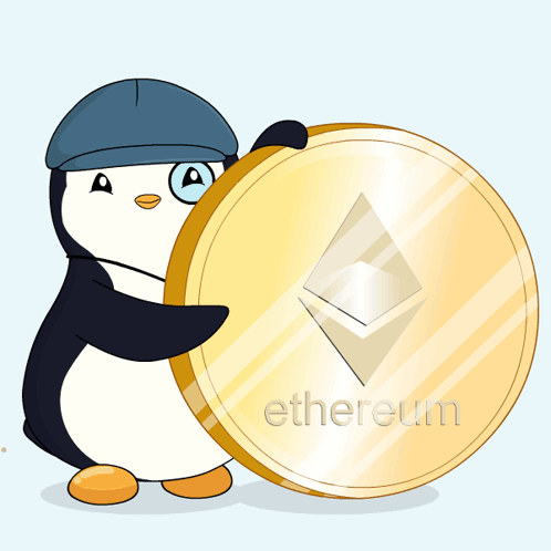 A Penguin Wearing A Blue Hat Is Holding A Large Ethereum Coin GIF