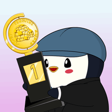 A Penguin Wearing A Blue Hat Is Holding A Trophy With The Number 1 On It GIF