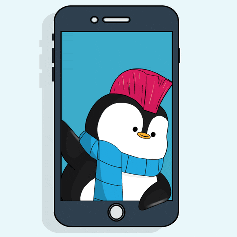 A Penguin Wearing A Blue Scarf And A Red Mohawk Is On The Screen Of A Smart Phone GIF