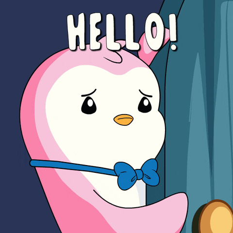 A Penguin Wearing A Bow Tie Says Hello In White Letters GIF