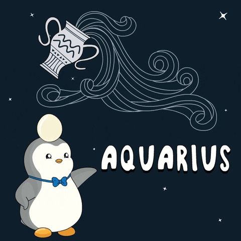 A Penguin Wearing A Bow Tie Stands Next To A Drawing Of An Aquarius Sign GIF
